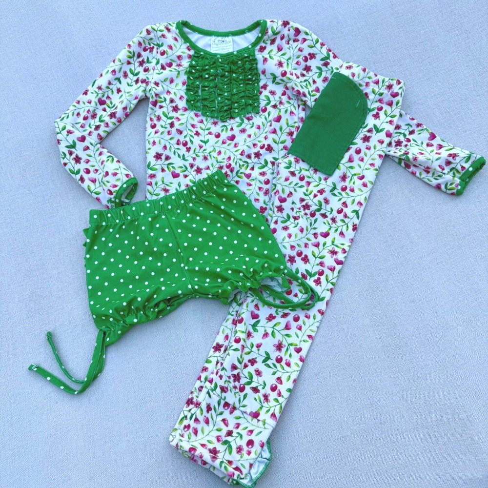 Sugar Bee Girls Floral Ruffle Pajama Set Green Pink White 3 Piece Set Size 7